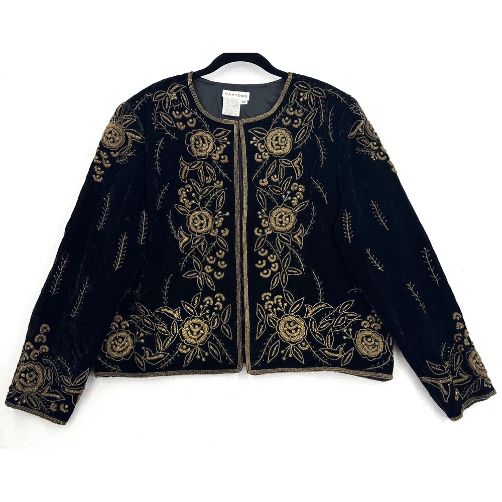 Vintage Dayton's Velvet Jacket Women XL Black Gold Beaded Floral Evening Holiday